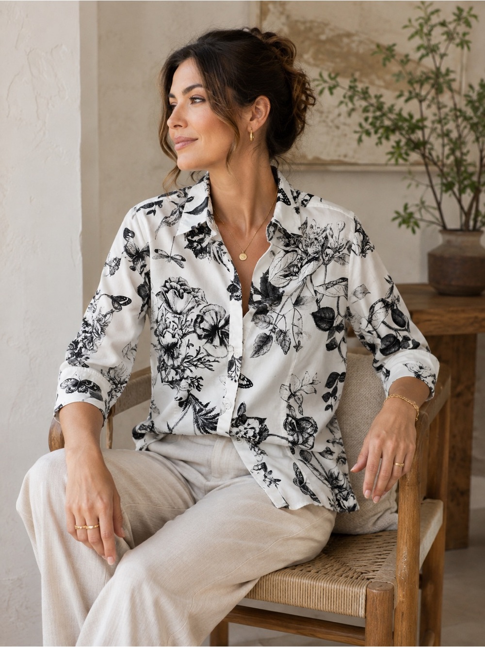 Talbots Botanical Print Button Front Blouse White Black Floral Butterfly Sz 10P